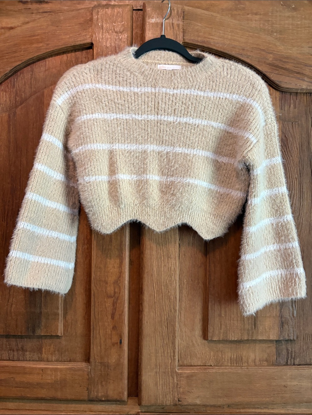 GB girls Cream & White Fuzzy Striped Cropped Sweater